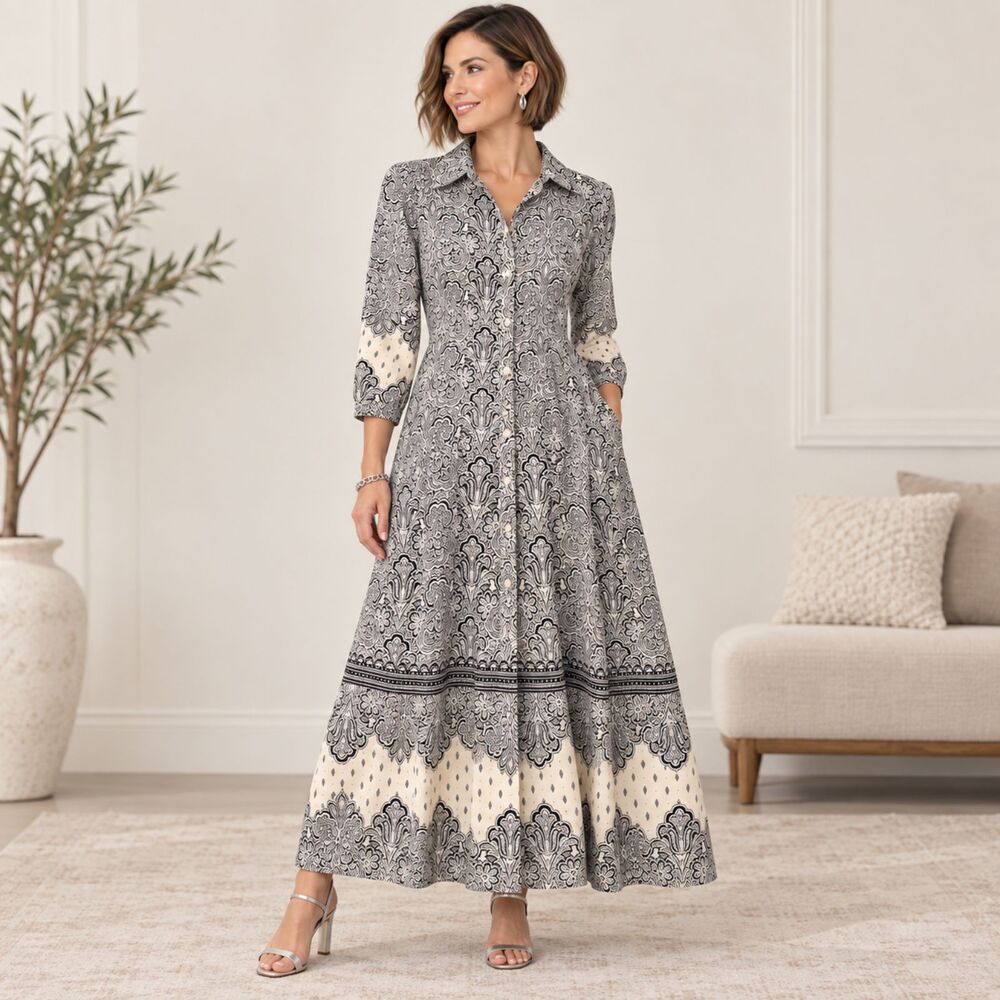 Loft Shirt Dress Midi Size 12P NWT Black Cream Paisley Career Office Preppy